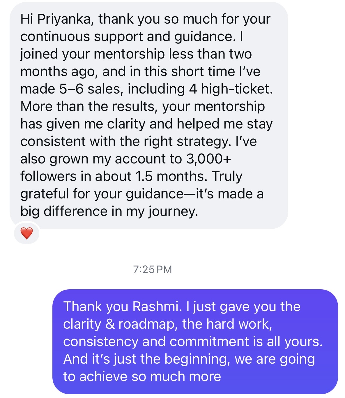 Message from Rashmi sharing 5 to 6 sales including 4 high ticket and 3,000+ followers