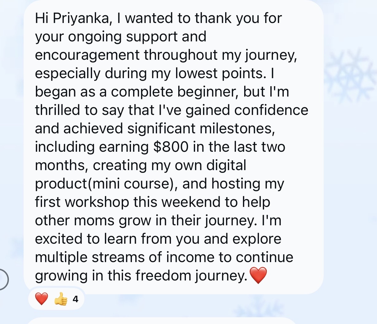 Message from a student sharing she earned $800 in two months and launched a mini course