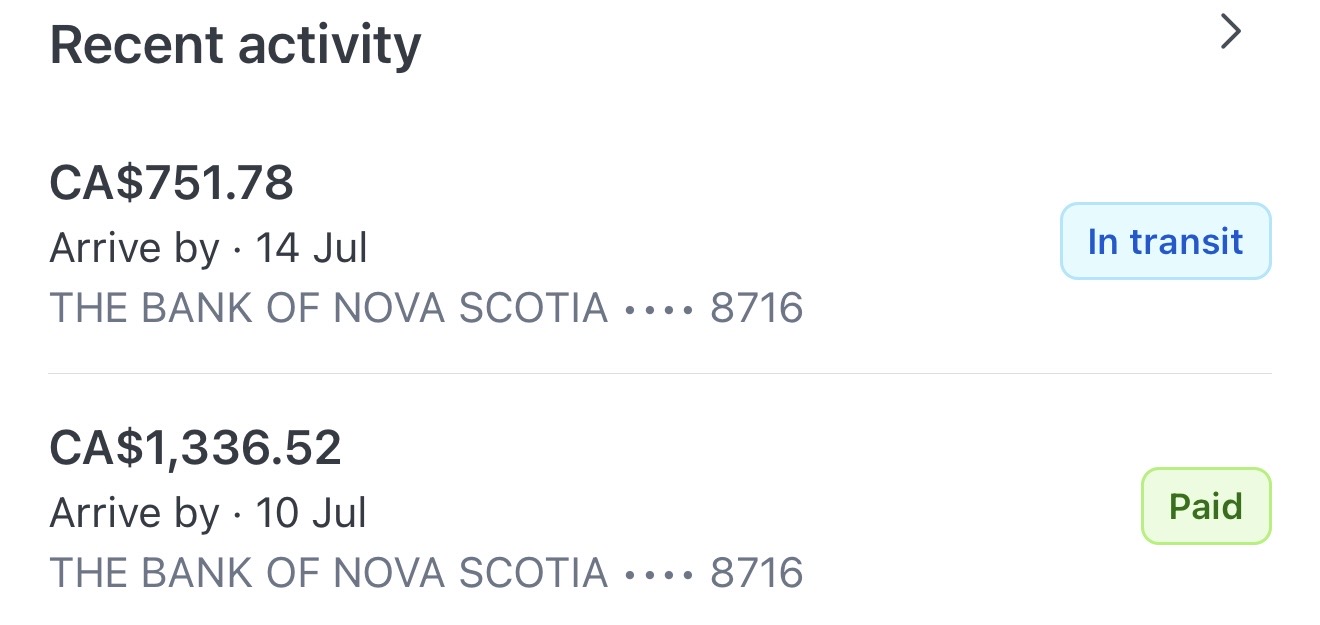 Stripe payouts of CA$751.78 and CA$1,336.52 to the bank